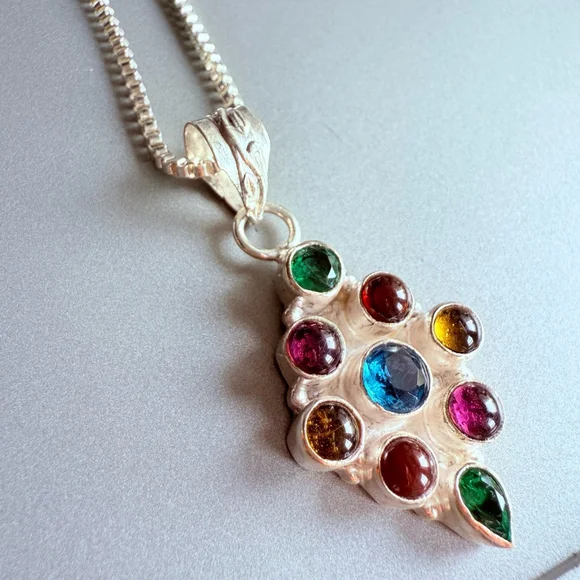Multi Color Cubic Zirconia Sterling Silver Rhombus Pendant Chain Necklace